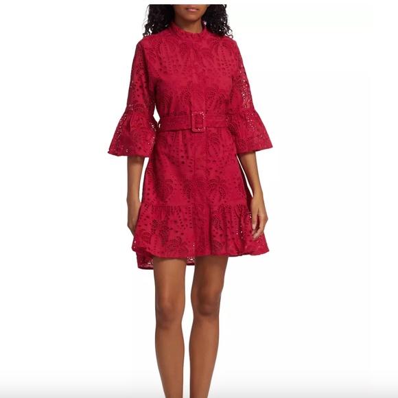 NWT $260 Farm Rio Eyelet Belted Mini Shirtdress in Red - size Small! - Picture 2 of 8